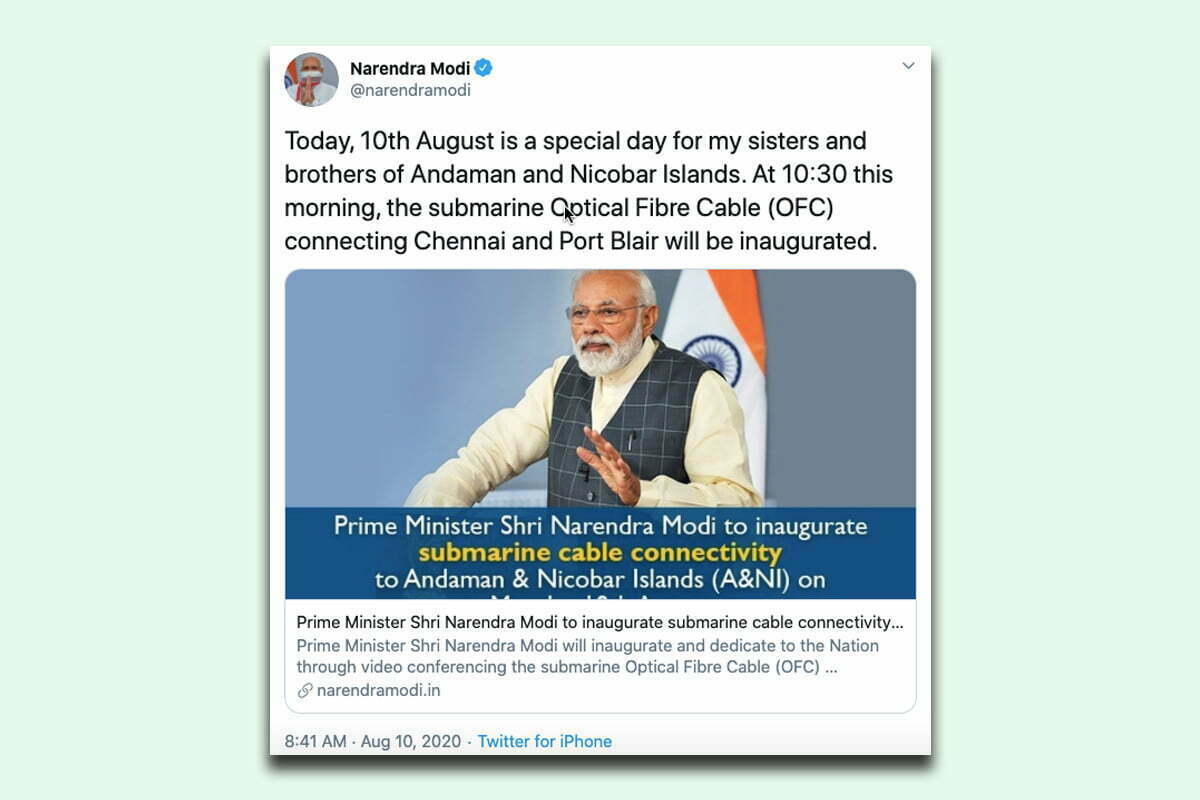 PM Modi inaugurates submarine optical fibre cable connecting Chennai, Port Blair
