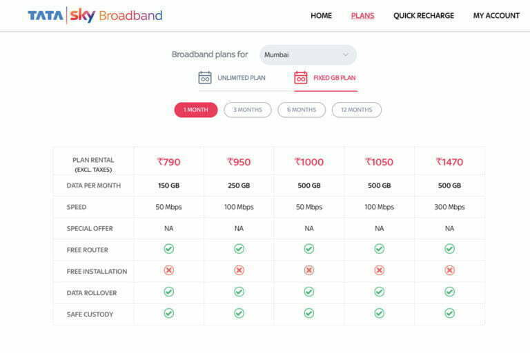 Tata Sky Fixed Monthly Data Broadband Plans