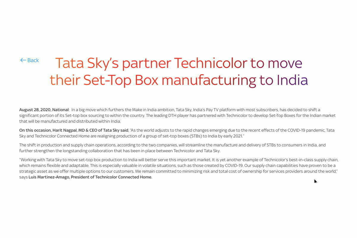 Tata Sky Shifts Set-Top Box Production to India With its Partner Technicolor